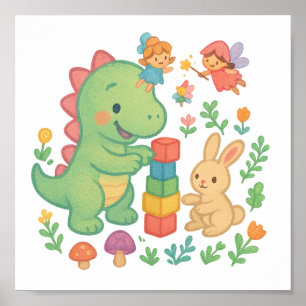 Affiche Magique Dino & Bunny - Cute Fairy Tale Amis Pos