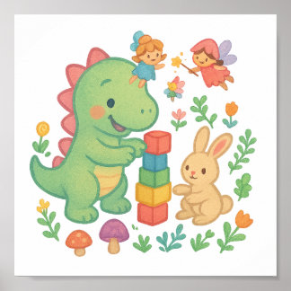 Affiche Magique Dino & Bunny - Cute Fairy Tale Amis Pos