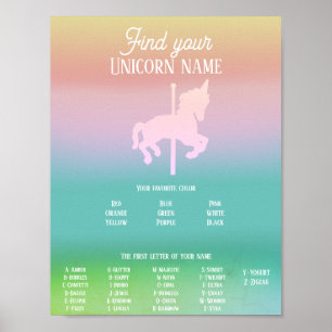 Affiche Magique Unicorn Arc-en-ciel Nom de l'anniversaire