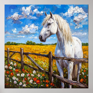 Affiche Magnifique cheval blanc debout près d'une clôture