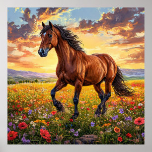 Affiche Magnifique cheval brun en course