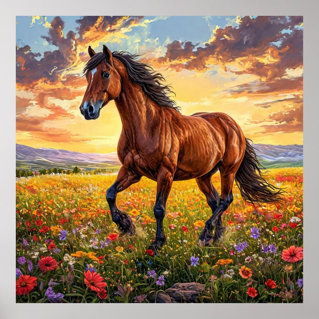 Affiche Magnifique cheval brun en course (Devant)