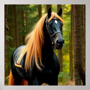 Affiche Magnifique cheval noir à la crinière flottante