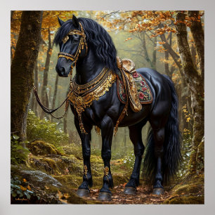 Affiche Magnifique cheval noir aux ornements dorés royaux