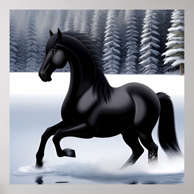 Affiche Magnifique cheval noir cabré sur une surface ennei (Devant)