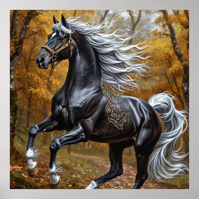 Affiche Magnifique cheval noir dans une forêt automnale (Devant)