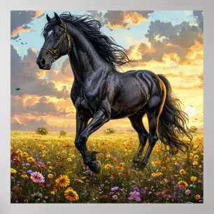 Affiche Magnifique cheval noir galopant à travers un F vib