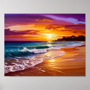 Affiche Magnifique Marche de plage océanique au coucher du