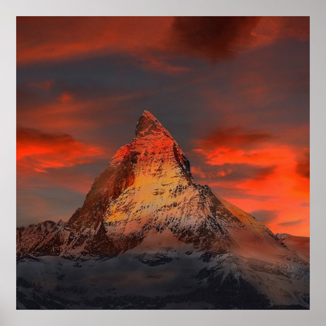 Affiche Magnifique matterhorn ciel rouge paysage (Devant)