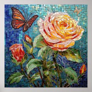 Affiche Magnifique mosaïque d'art rose fleur