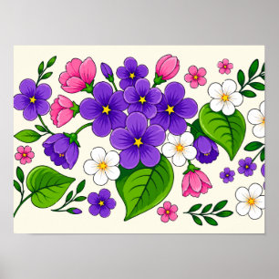 Affiche Magnifique motif floral violet, rose et blanc