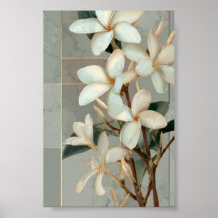 Affiche Magnolia blanc motif floral ligne or marbre