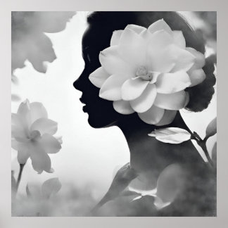Affiche Magnolia Blanc Rêveuse Fille Moderne Noir & Blanc