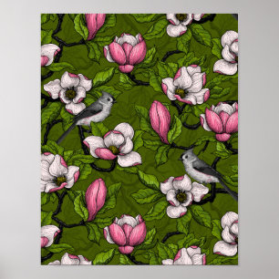 Affiche Magnolia en floraison et oiseau de tireur 2