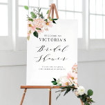 Affiche Magnolias rose pâle Fête des mariées florale Bienv<br><div class="desc">Bienvenue invités à votre événement avec ce panneau de bienvenue de douche nuptiale personnalisable. Il présente des magnolias et des hydrangées rose vif aux accents de feuille d'or faux rose. Personnalisez en ajoutant les détails de votre événement. Ce panneau de douche à nuptiale fleurie est parfait pour les douches nuptiales...</div>