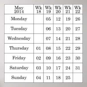 Affiche Mai 2014 Calendrier semaines numérotées