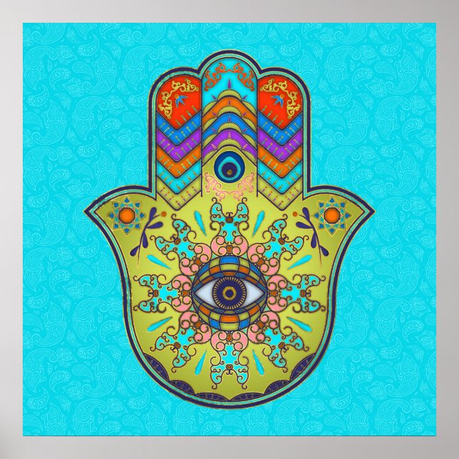 Affiche Main Hamsa colorée avec cachemire (Devant)