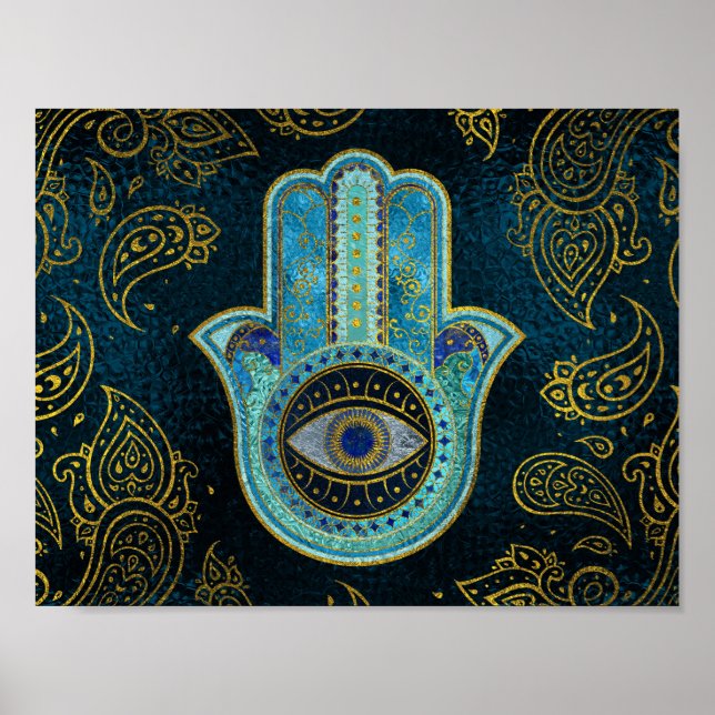 Affiche Main Hamsa décorative avec arrière - plan cachemir (Devant)