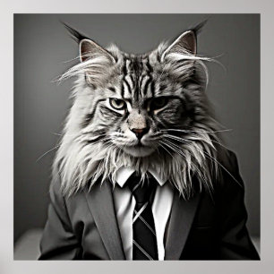 Affiche Maine Coon en costume noir et Cravate