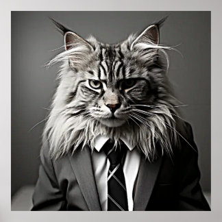 Affiche Maine Coon en costume noir et Cravate