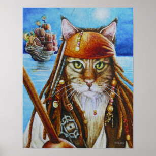 Affiche Maine Coon Pirate Cat Jack & Ship Aquarelle 11x14