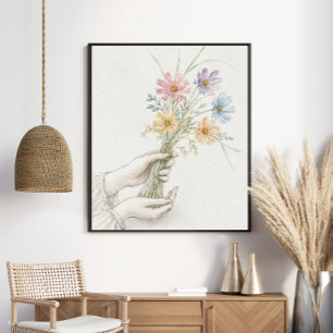 Affiche Mains tendres partageant des fleurs sauvages