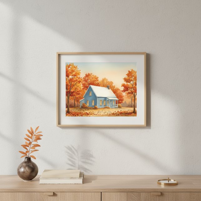 Affiche Maison Bleue Rustique dans la forêt d'automne aqua (Créateur téléchargé)