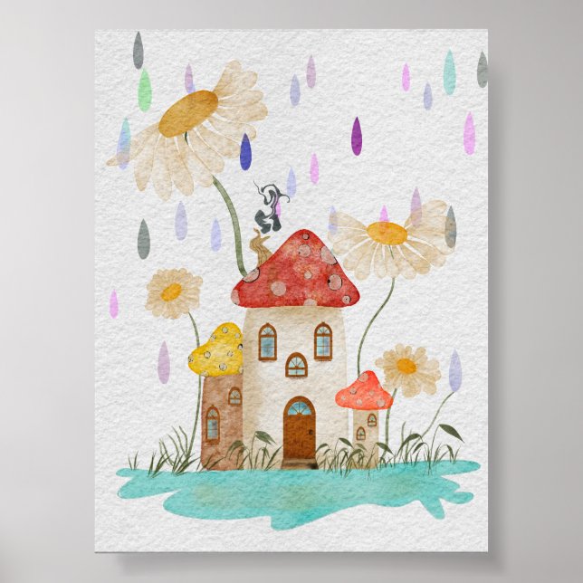 Affiche Maison Champignon Fantaisiste dans une pluie flora (Devant)