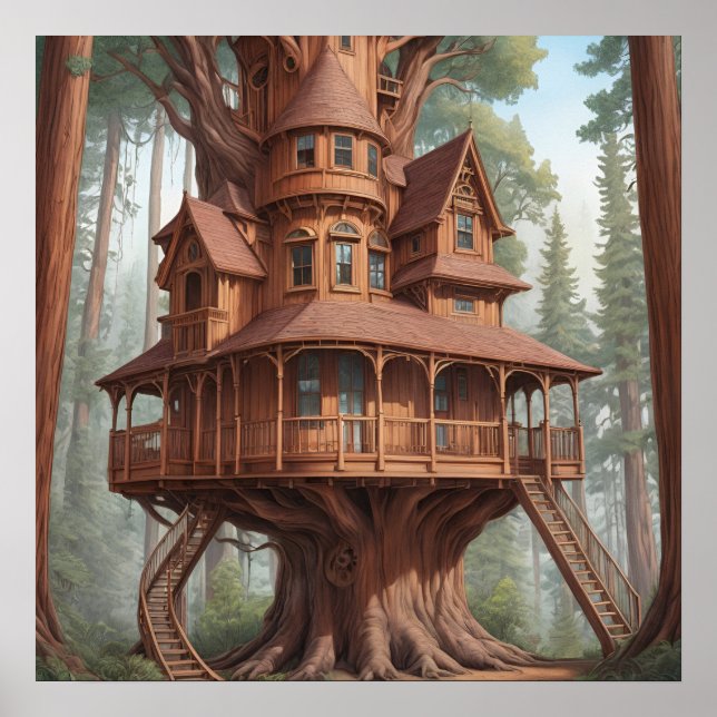 Affiche Maison d'arbre victorienne ronde en bois de séquoi (Devant)