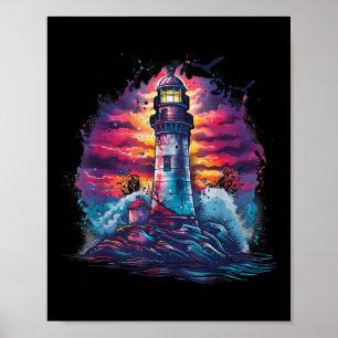 Affiche Maison de bord de mer phare voile mer bateau lumiè