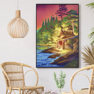 Affiche Maison de campagne colorée à l'aquarelle au bord d