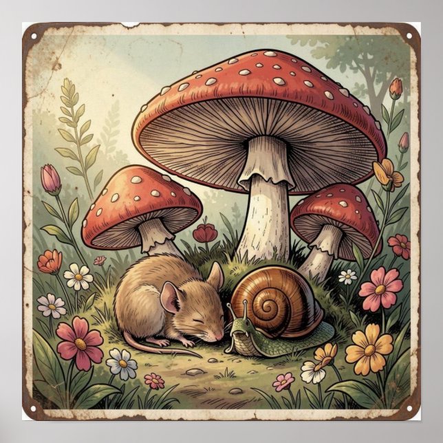 Affiche Maison de Campagne Rétro Champignons et Faune (Devant)