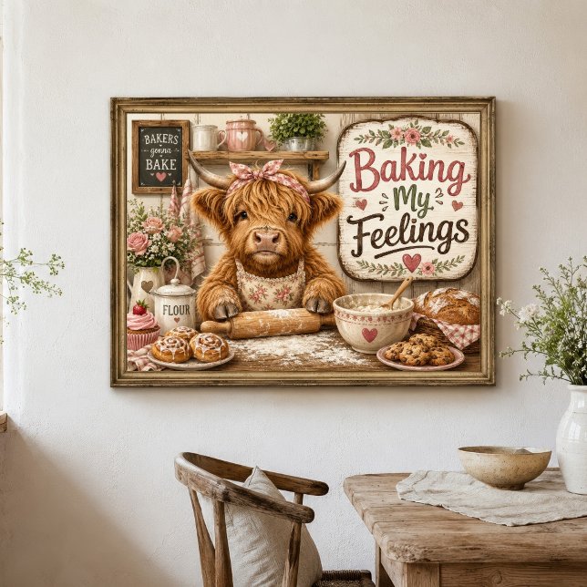 Affiche Maison de ferme drôle de vache des Highlands Cuisi (Funny cute Highland Cow " Baking My Feelings" Farmhouse Country Rustic Kitchen Wall Art Poster print)