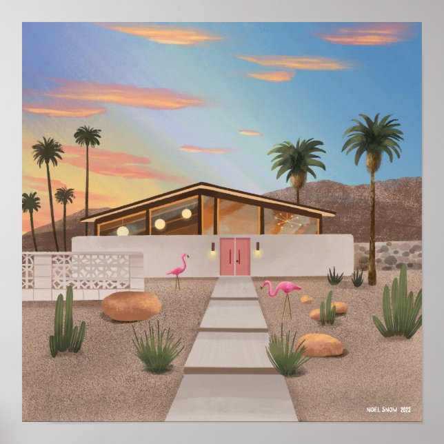Affiche Maison de Flamant rose moderne du milieu du siècle (Devant)