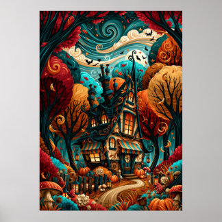 Affiche Maison de Halloween Fantaisiste Forêt d'Automne