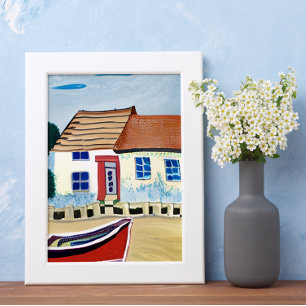 Affiche Maison de plage et bateau sur une plage de sable