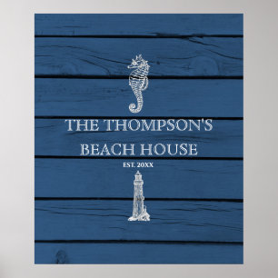 Affiche Maison de plage Rustique Blue Wood Seahorse Lighth