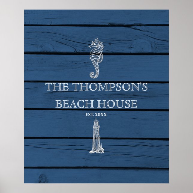 Affiche Maison de plage Rustique Blue Wood Seahorse Lighth (Devant)