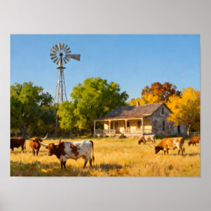 Affiche Maison de Ranch au Texas en Automne