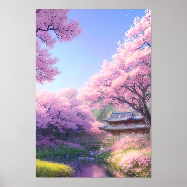 Affiche Maison de thé Cherry Blossom au bord de la rivière (Devant)