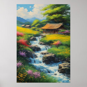 Affiche Maison de thé en bois par eau en cascade