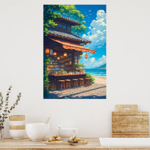 Affiche Maison de thé Lanterne au bord de la mer