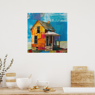 Affiche Maison en collage de pièces et de textures