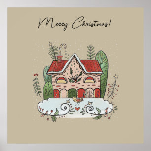 Affiche Maison en pain d'épices de Noël Oiseau Hiver
