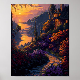Affiche Maison entourée de fleurs et de montagnes