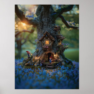 Affiche Maison Gnome dans un arbre entouré de cloches bleu