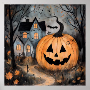 Affiche Maison Hantée et Citrouille Géante Halloween