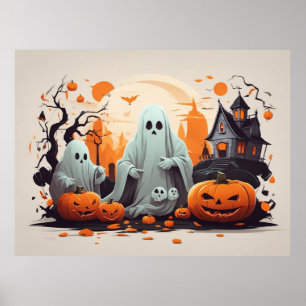 Affiche Maison hantée, fantôme et Halloween Citrouille
