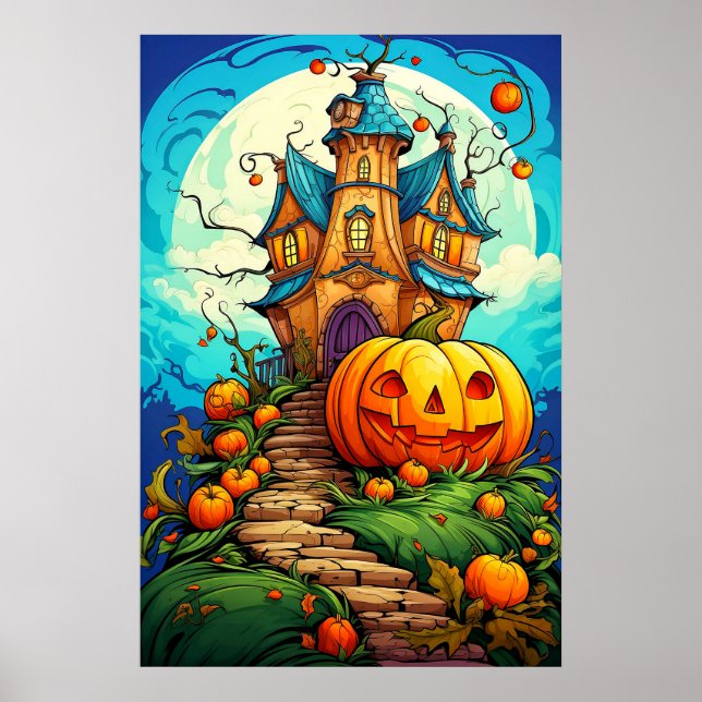 Affiche Maison hantée Halloween gardée par citrouille (Devant)