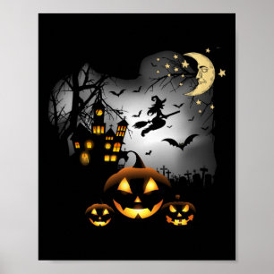 Affiche Maison hantée - Sorcière volante - Jack-o'-lantern